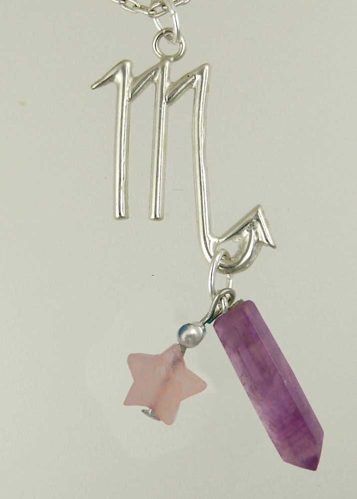 Sterling Silver Scorpio Pendant Necklace With an Amethyst Crystal And a Rose Quartz Star